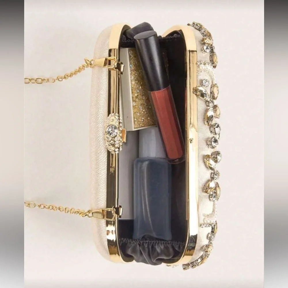 Elegant Cream and Gold Embellished Clutch